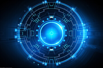 Close up of a blue digital circuit board, with several components and wires visible wallpaper with glare light, Generative AI.