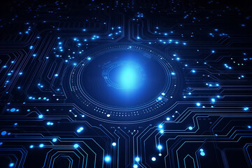 Close up of a blue digital circuit board, with several components and wires visible wallpaper with glare light, Generative AI.
