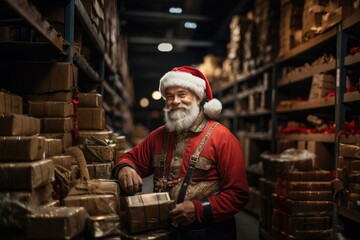 old Santa Claus in red costume standing in big warehouse with Christmas presents