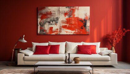 Interior design of modern white couch on red wall background