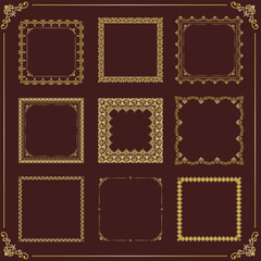 Vintage set of vector patterns. Brown and golden square elements for decoration and design frames, cards, menus, backgrounds and monograms. Classic patterns.