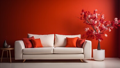 Interior design of modern white couch on red wall background