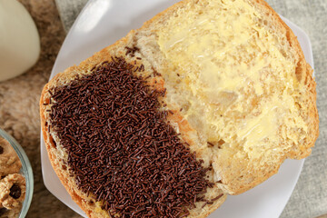 Bread with chocolate choco rice and butter with milk and snack for breakfast