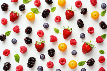 Mix berry fruit in background of white color. Abstract concept of food and fruit. - obrazy, fototapety, plakaty