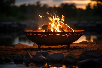 Firefit burning in the campground by the river at sunset. generative AI