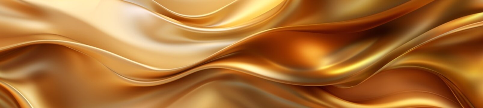 A long piece of gold or silk fabric with a shiny reflection, curved into soft waves. Flowing beautifully, luxury and elegant. Gold metal material. Top view.