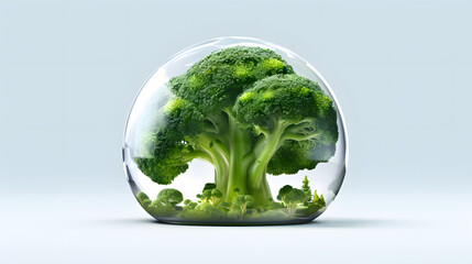 Broccoli grows inside a glass sphere. illustrating themes of nature, science fiction, and the surreal. 