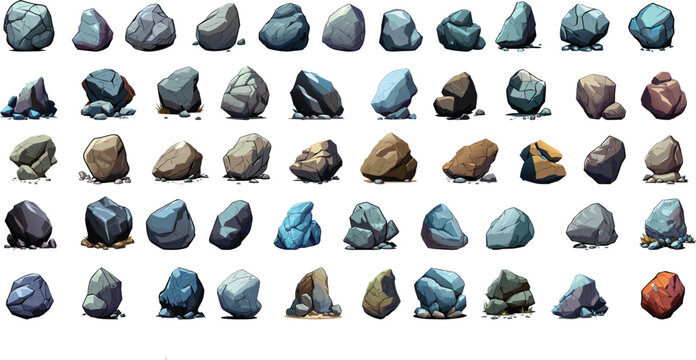 set of Stone rock. Stones boulder, gravel rubble and pile of rocks cartoon isolated, transparent background, vector illustration, high detail.