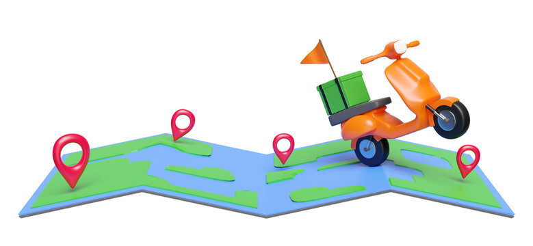 3d delivery orange scooter, green food box with pin, map, flag isolated. express food delivery service concept, 3d render