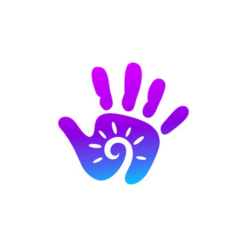 Abstract vector colored hand with 5 fingers icon art illustration. Blue, violet, purple colors used for "give five" or "stop" or "hi" gesture with artistic circle spiral element