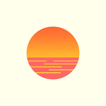 Retro sunset above the sea or ocean with sun and water silhouette. Vintage styled summer logo or icon design isolated on white background. Vector illustration.