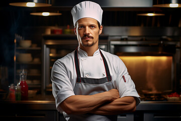 Portrait of a handsome European male chef on a kitchen background. A man in a chef's hat and an apron.