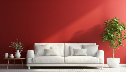 Interior design of modern white couch on red wall background
