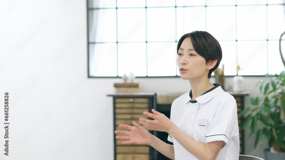 Aufkleber 説明する女性　看護師　エステティシャン　インタビュー