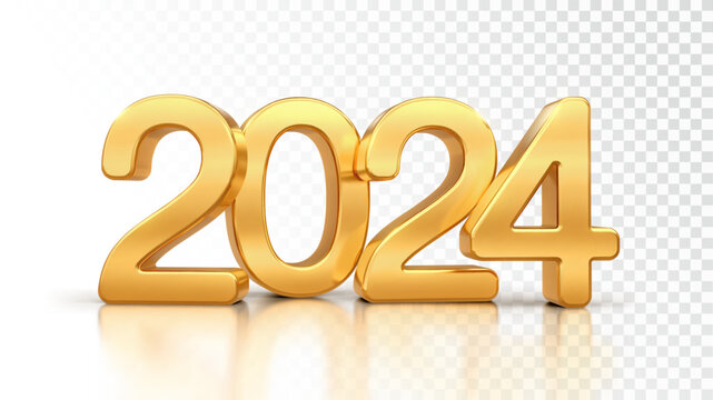 Happy New Year 2024. Golden 3D numbers 2024 isolated on transparent background. Realistic festive metallic luxury gold numbers. Merry Christmas and Happy New Year greeting card. Vector illustration.