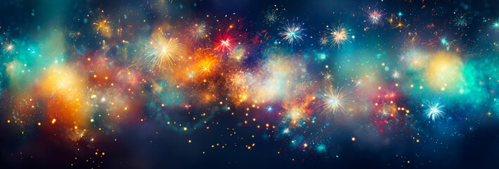 Celebration of fireworks, Pyrotechnics and fireworks with holiday celebration. For Merry christmas card and Happy new year poster or web design and web background. Generative ai