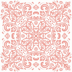 Oriental vector pink ornament with arabesques and floral elements. Traditional classic ornament. Vintage pattern with arabesques