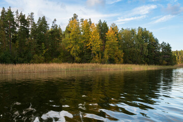 Lake Ladoga near the village Lumivaara on a sunny autumn day, Ladoga skerries, Lakhdenpokhya, Republic of Karelia, Russia