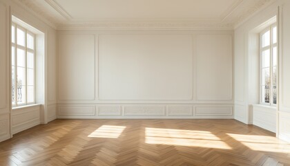 Obraz premium Empty room interior design, open space with white walls with stucco and parquet wooden floor