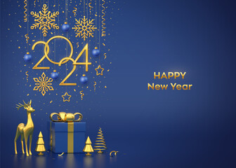 Happy New 2024 Year. Hanging golden metallic numbers 2024 with snowflakes, stars, balls on blue background. Gift box, gold deer, metallic pine or fir, cone shape spruce trees. Vector illustration.