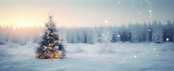 A picturesque snowy Christmas scene showcasing a fir tree adorned with sparkling Christmas toys, leaving ample space for your festive message. generative AI
