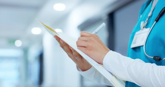 Nurse hands, documents and writing for medical report, healthcare charts or hospital notes for services or progress. Health care person, surgeon or doctor with paperwork, folder and or clinic admin
