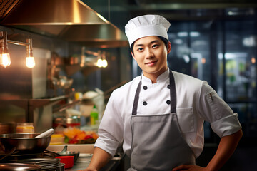 Portrait of handsome Asian male chef on kitchen background. A man in a chef's hat and an apron.