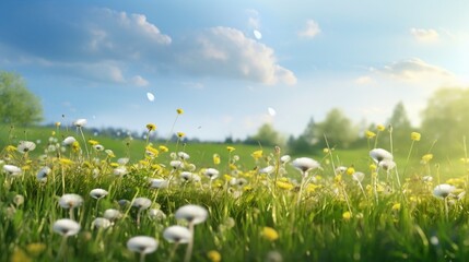 Beautiful summertime landscape with clovers, dandelions, and other yellow and white flowers in the grass in the early morning light. banner format, ultra-wide panorama of a landscape.