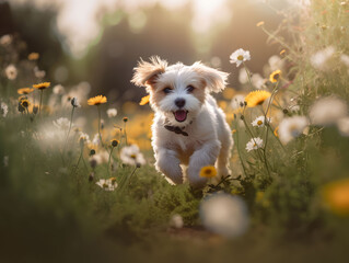 Happy puppy running in the garden full of wildflowers. Created with Generative AI technology