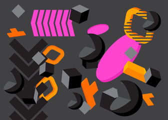 Black, orange and purple geometrical graphic retro theme cover. Minimal geometric elements poster design. Vintage abstract shapes template for poster banner.