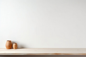 empty wooden table set against a white wall background provides an ideal canvas for product advertisement