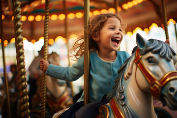 Fototapeta na wymiar A happy young kid expressing excitement while on a colorful carousel