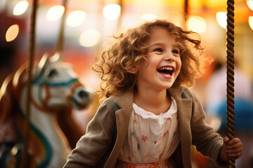 A happy young kid expressing excitement while on a colorful carousel