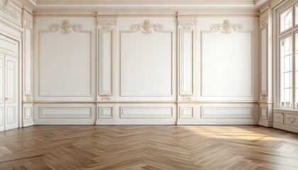 Fototapeta premium Empty room interior design, open space with white walls with stucco and parquet wooden floor
