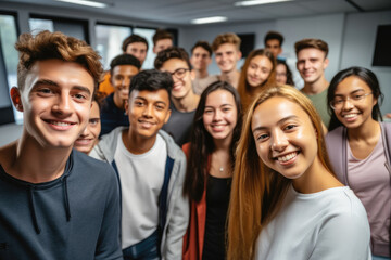 Group of young student people taking selfie in classroom at university. - obrazy, fototapety, plakaty