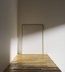 minimalist frame mock up poster standing on the wooden floor  in the elegant building