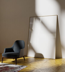 frame mockup poster in the livingroom with blue armchair