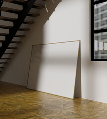 a landscape frame mockup poster underneath the stairs on the wooden floor
