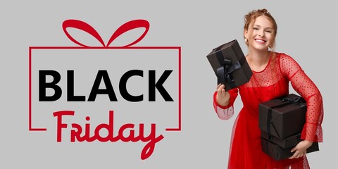 Beautiful young woman with gift boxes and text BLACK FRIDAY on grey background