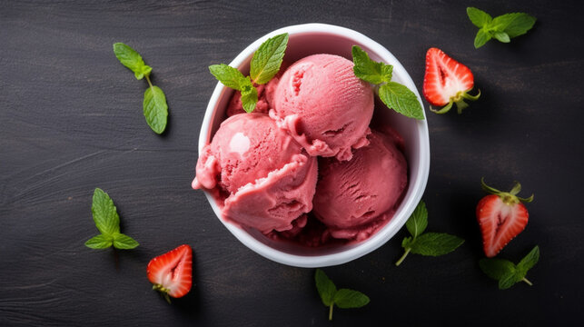 Bowl of strawberry ice cream stock photo Ice Cream, generative ai