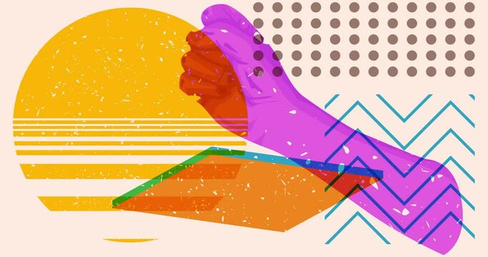 Risograph fist and geometric shapes animation. Protestor hand in trendy riso graph design video.