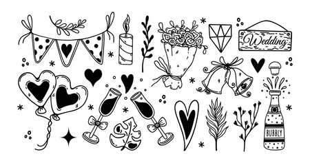 Wedding and marriage vector doodle set. Date symbols - heart-shaped balloons, champagne, a bouquet of flowers, a garland, a diamond. Engagement party clipart. Hand drawn illustration isolated on white