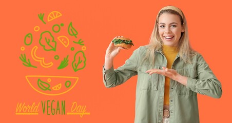 Young woman with tasty burger on orange background. Banner for World Vegan Day