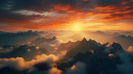 a fiery sunrise as seen from mountaintops. Clouds cover the valley below, which is known as the sea of clouds or sea of mist. - obrazy, fototapety, plakaty