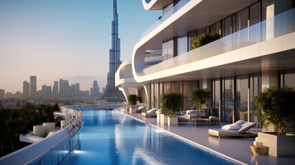 Fototapeta premium Exterior design of a luxury building with pool, City view.