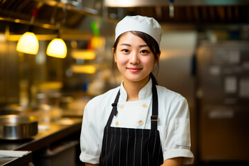 Portrait of Asian female chef on kitchen background. A woman in a chef's hat and an apron.
