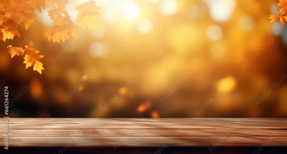 Aufkleber wooden table in front of blurred autumn background with bokeh sunshine. high quality photo