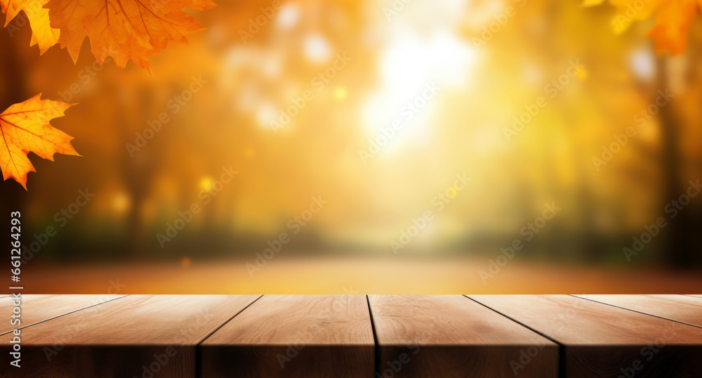 Aufkleber empty wooden table over blurred autumn forest with sunshine background. ready for product display mo