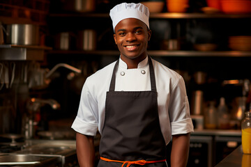 Portrait of handsome African male chef on kitchen background. A man in a chef's hat and an apron.