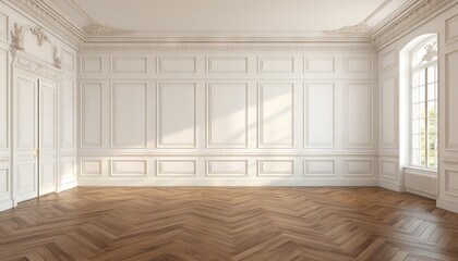 Empty room interior design, open space with white walls with stucco and parquet wooden floor